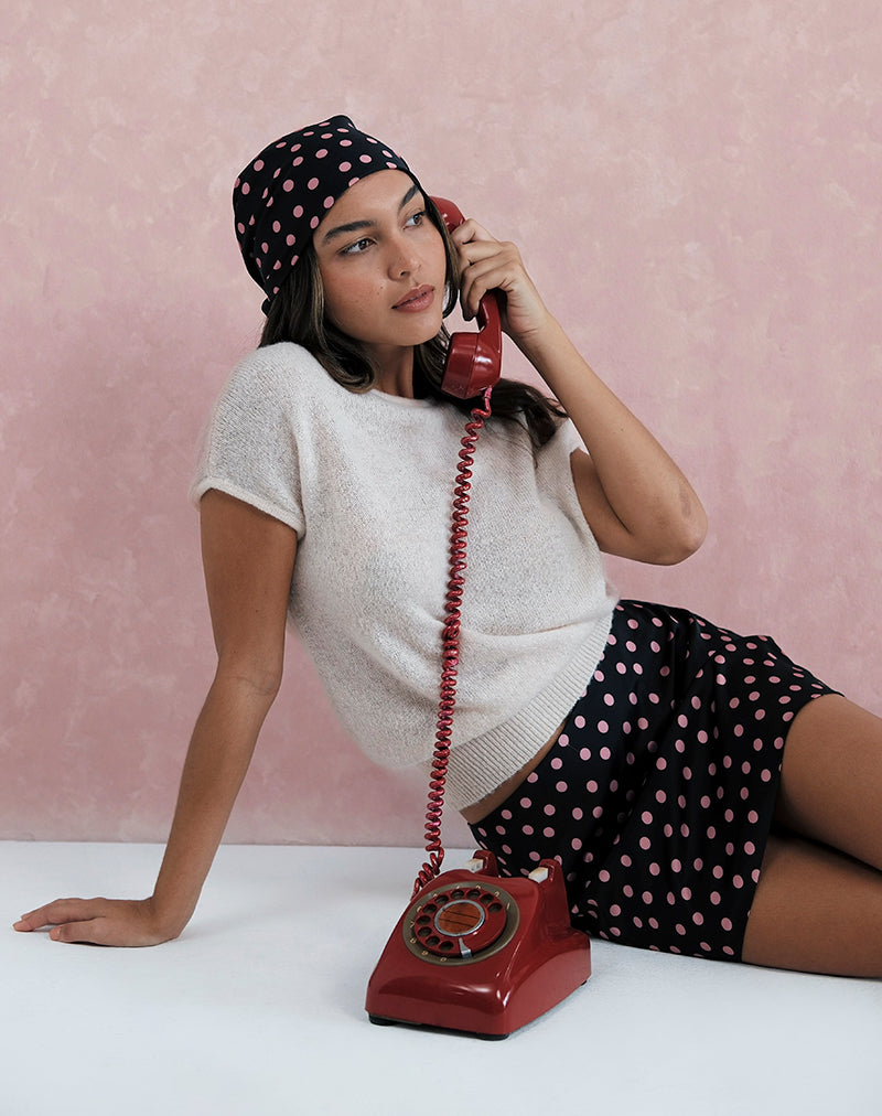 Image of Kavra Scarf in Black Satin Scattered with Pink Polka