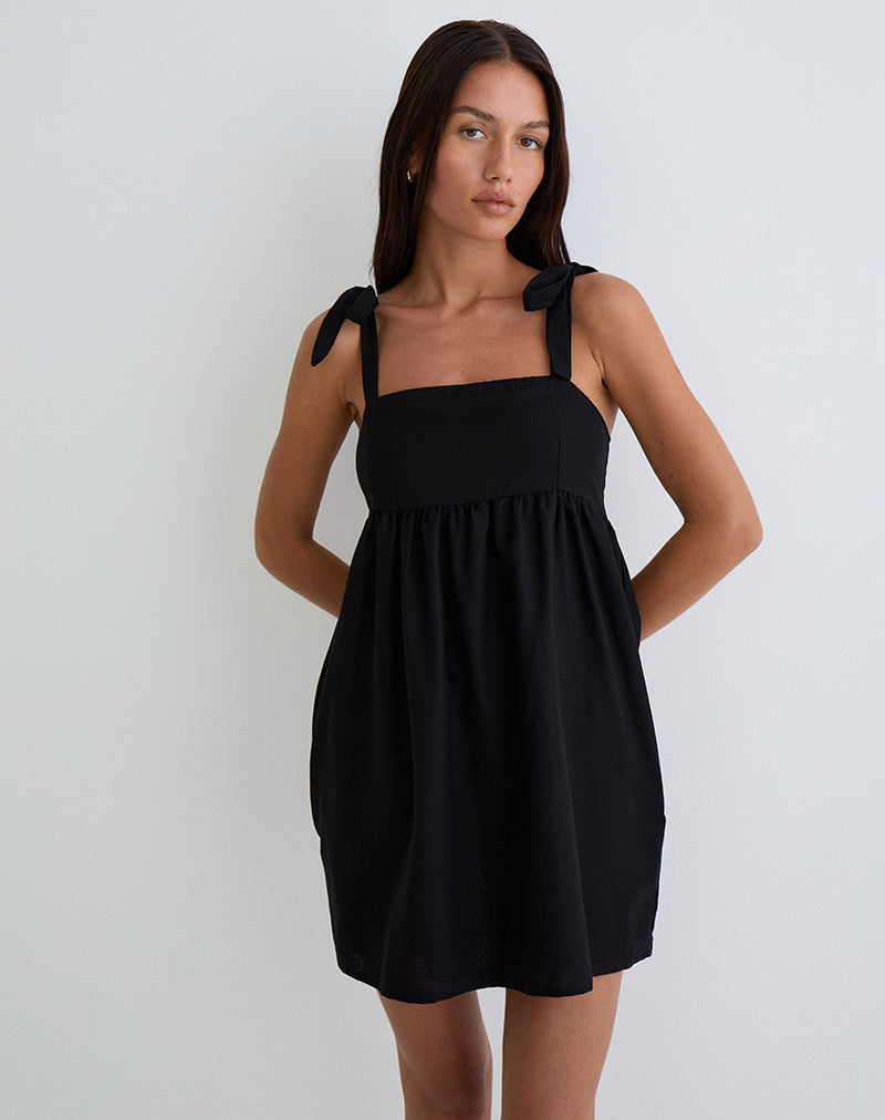 Image of Kayla Square Neck Mini Dress in Linen Black