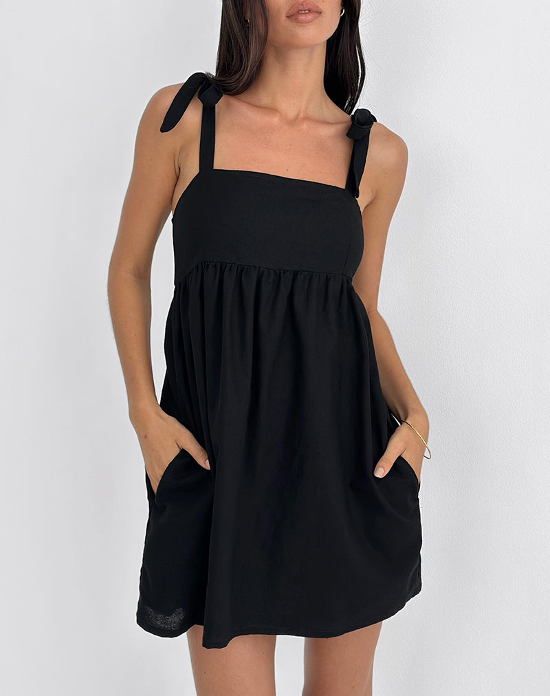 Image of Kayla Square Neck Mini Dress in Linen Black