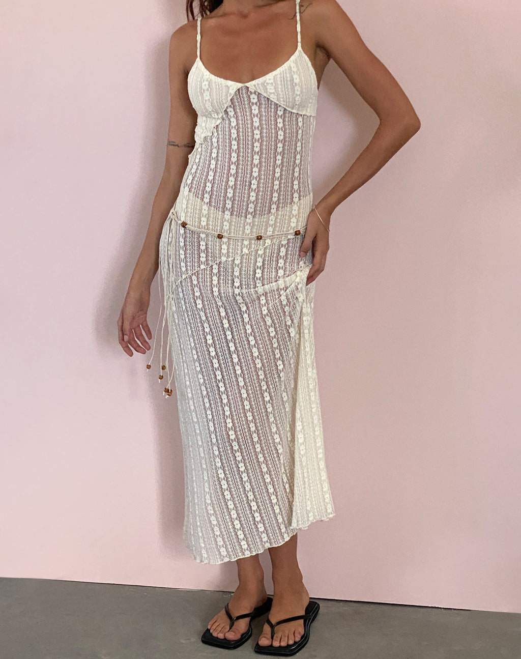 Kehlani Sheer Midi Dress in Cream Lace