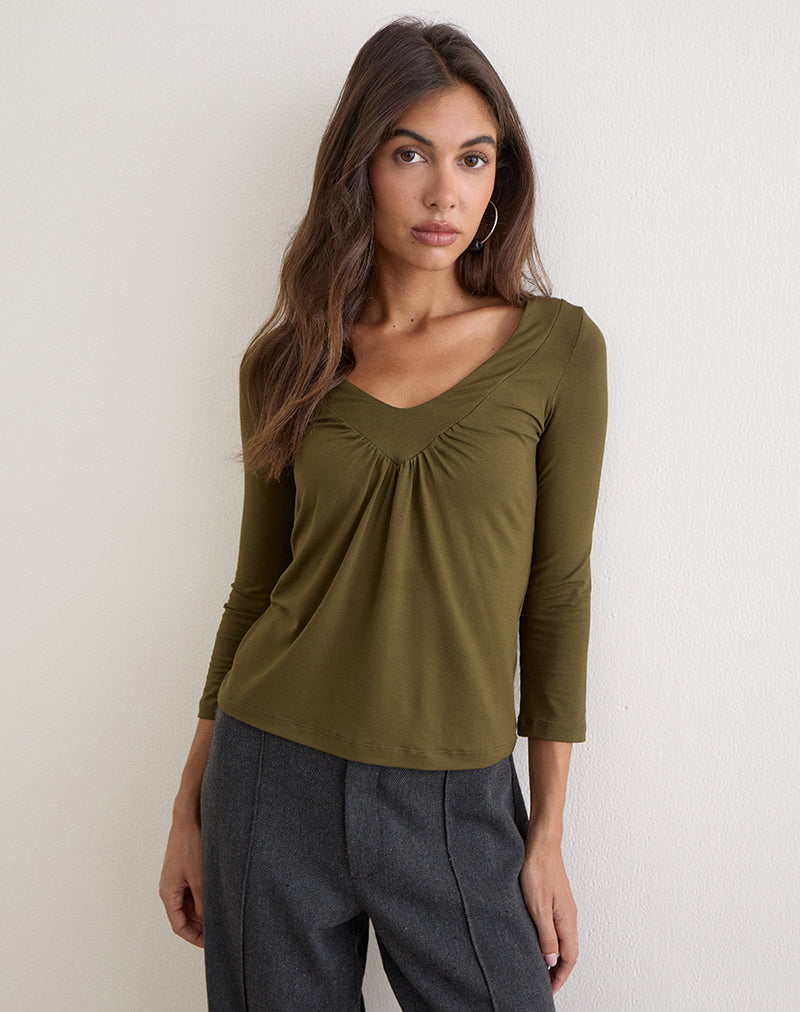 Image of Kelcey Ruched V-Neck Top in Dark Olive