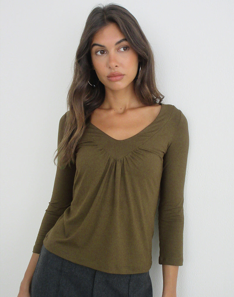 Image of Kelcey Ruched V-Neck Top in Dark Olive
