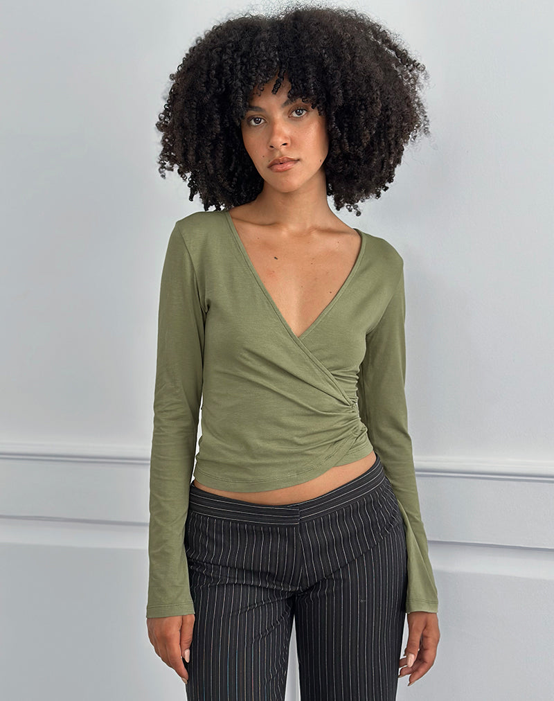 Kien Long Sleeve Wrap Top in Olive