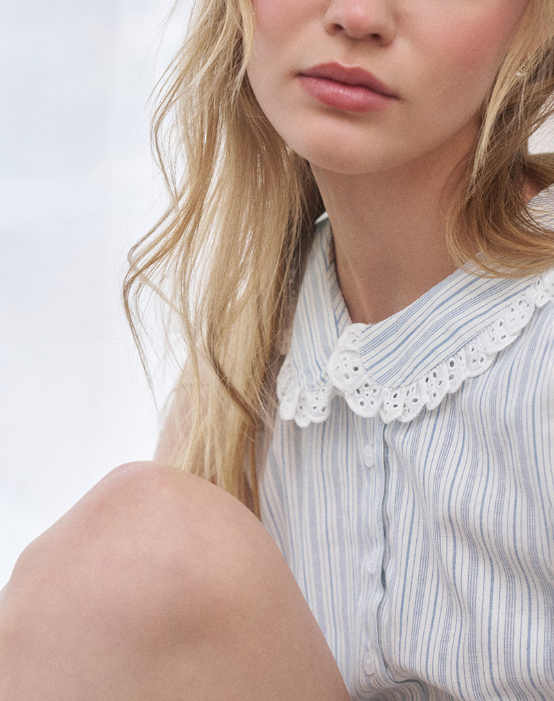 Image of Kitami Shirt in Linen White Blue Stripe