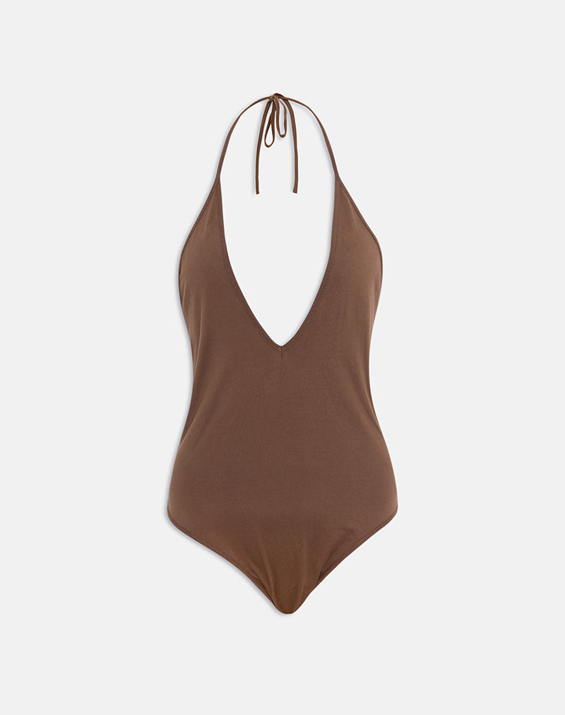 Image of Kitty Deep Plunge Bodysuit in Cocoa