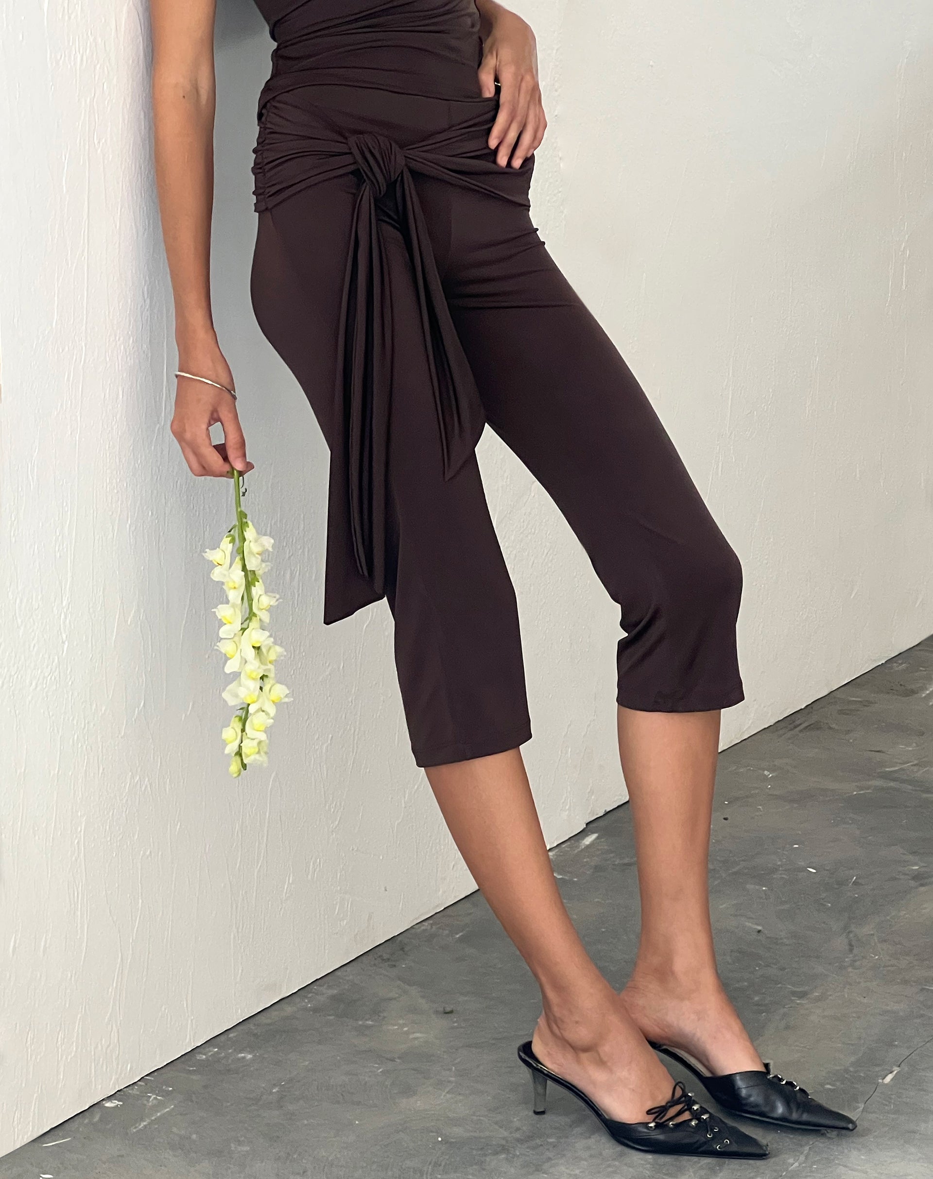 Mocca Capri Trousers with Wrap Waistband Effy – - Main Image
