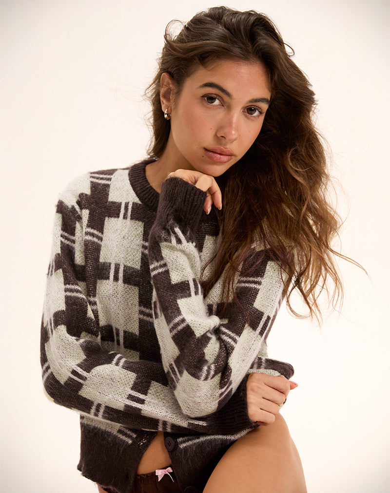 Image of Anzio Knitted Cardigan in Check Brown