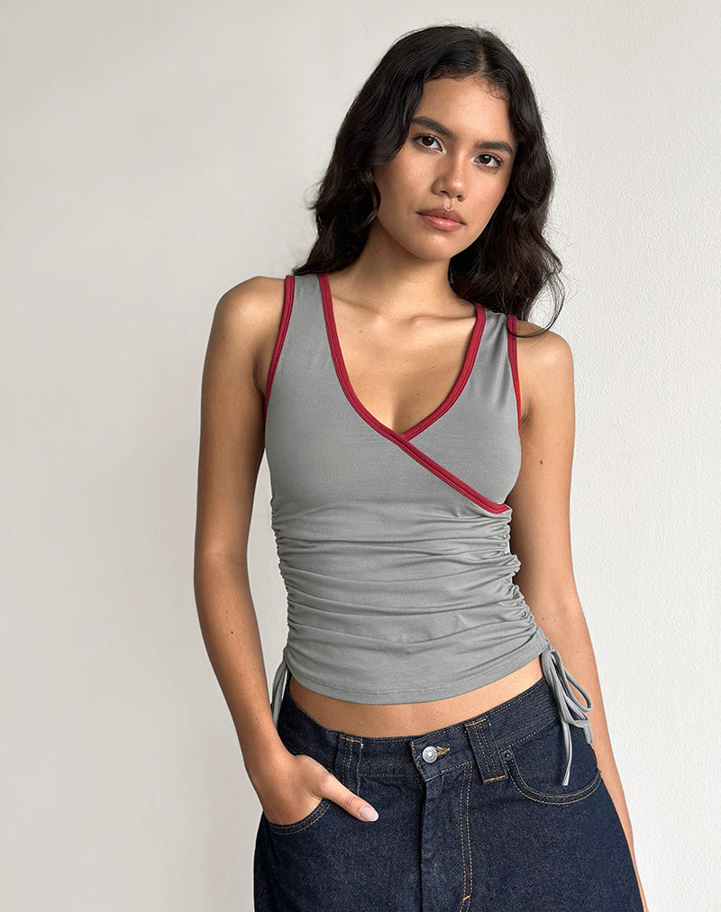 Image of Laird Wrap Top in Grey with Adrenaline Red Binding