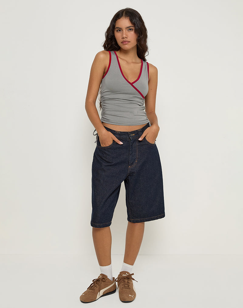 Image of Laird Wrap Top in Grey with Adrenaline Red Binding