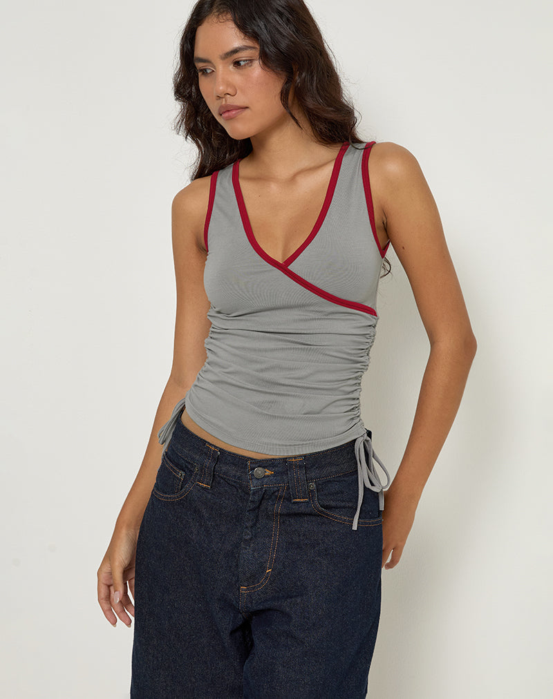 Image of Laird Wrap Top in Grey with Adrenaline Red Binding