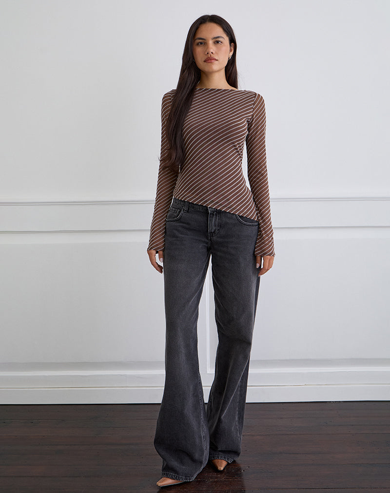 Image of Lakya Long Sleeve Top in Diagonal Stripe Flocked Brown and Cream