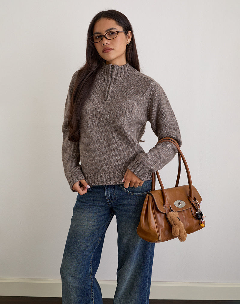Image of Lamara Quater Zip Jumper in Dark Brown Marl