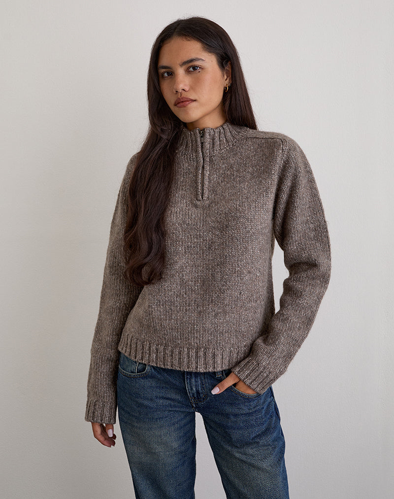 Image of Lamara Quater Zip Jumper in Dark Brown Marl
