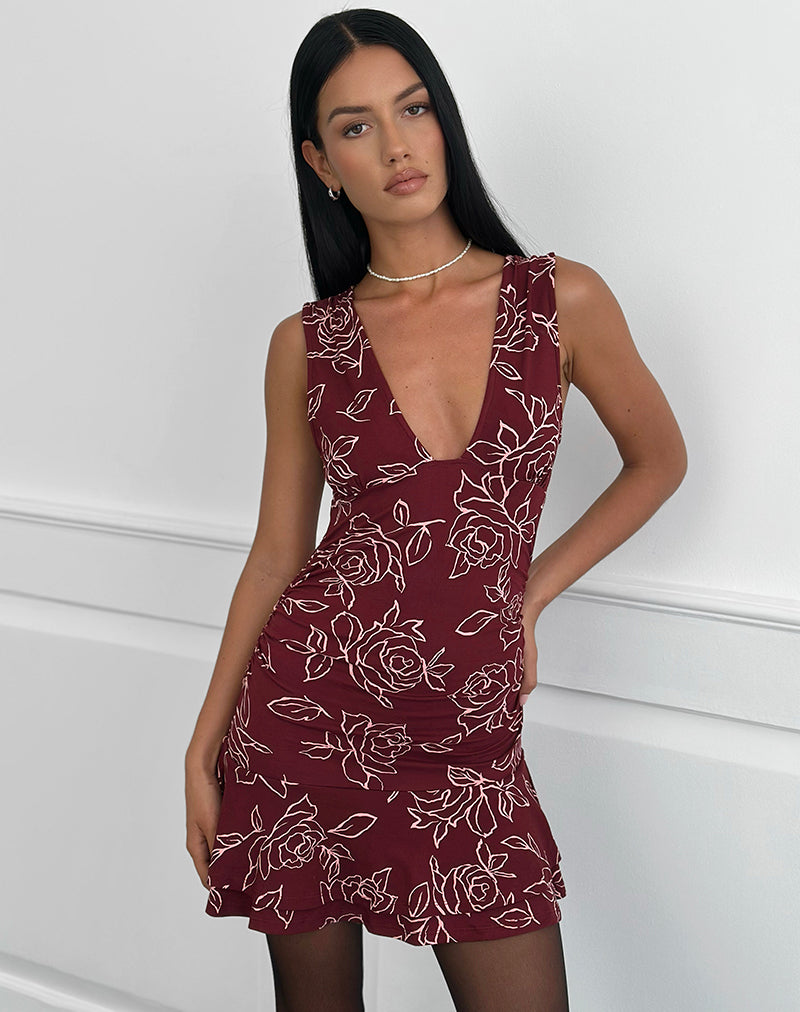 Lanai Mini Dress in Outline Rose Maroon