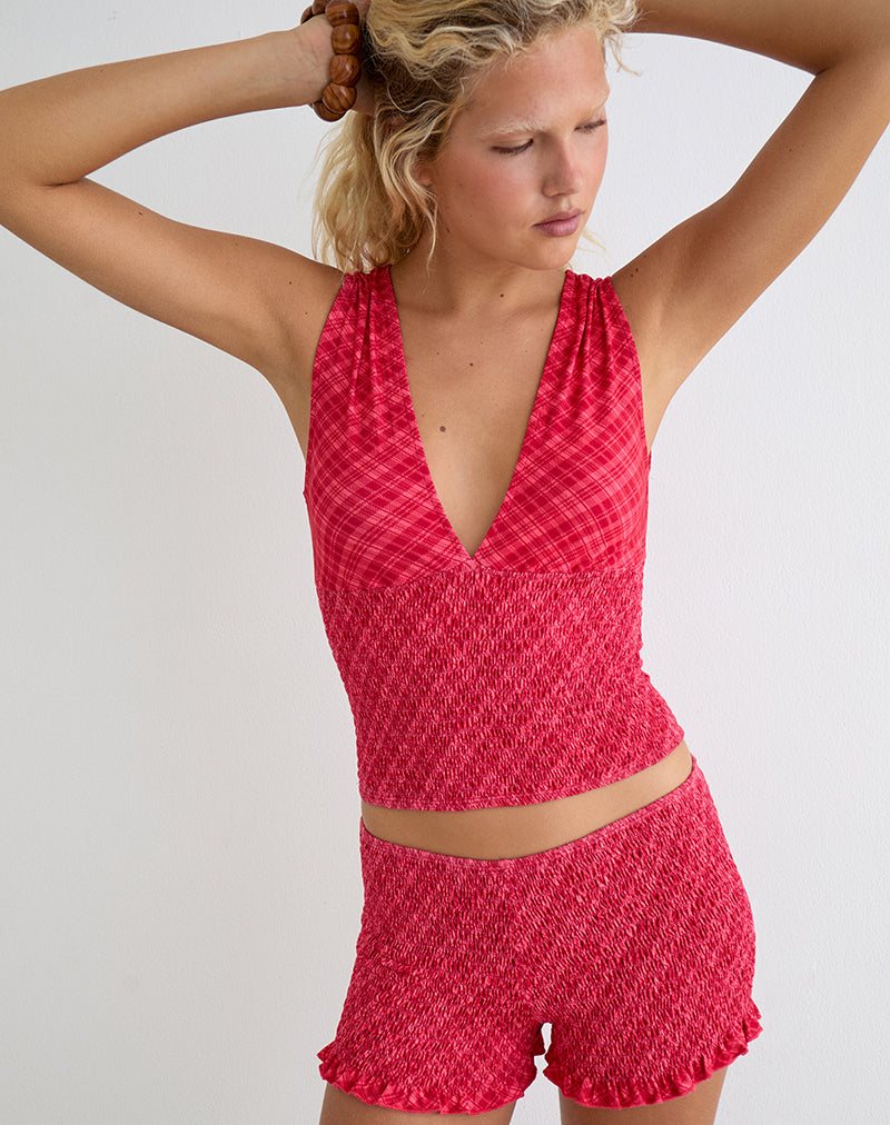 Lantia Shirred Top in Tilted Check Pink