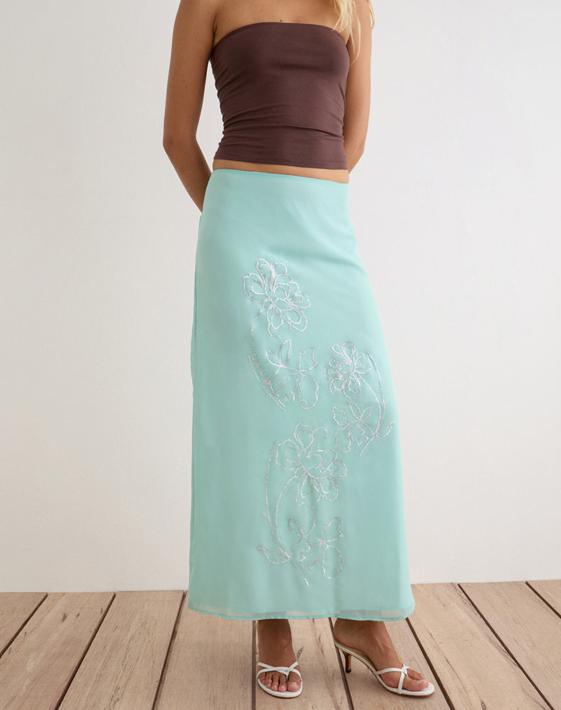 Larina Maxi Skirt in Chiffon Floral Sequin Turquoise