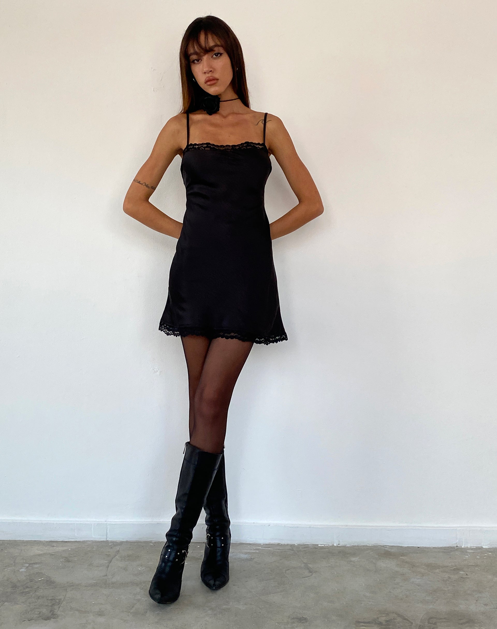 Black Lace Trim Satin Mini Dress | Larna motelrocks.com Black Lace Trim Satin Mini Dress | Larna motelrocks.com