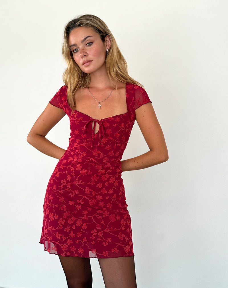 Red Grunge Floral Flock Mini Dress