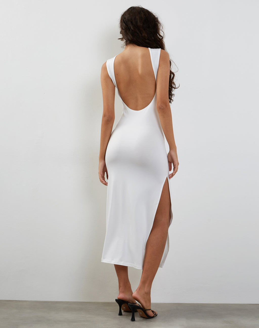 Lauryn Backless Maxi Dress in Sheer Jersey White