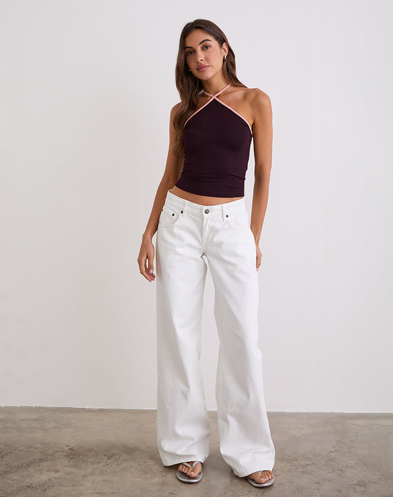 Image of Lay Halterneck Top in Redwood with Pink Lady Binding