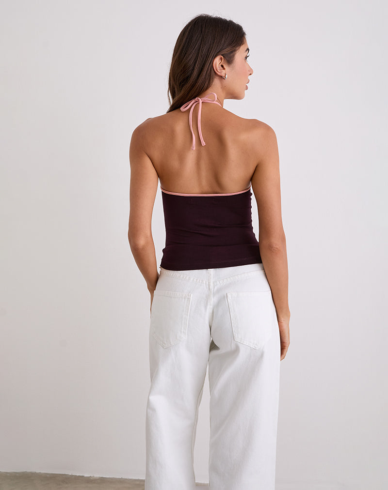 Image of Lay Halterneck Top in Redwood with Pink Lady Binding