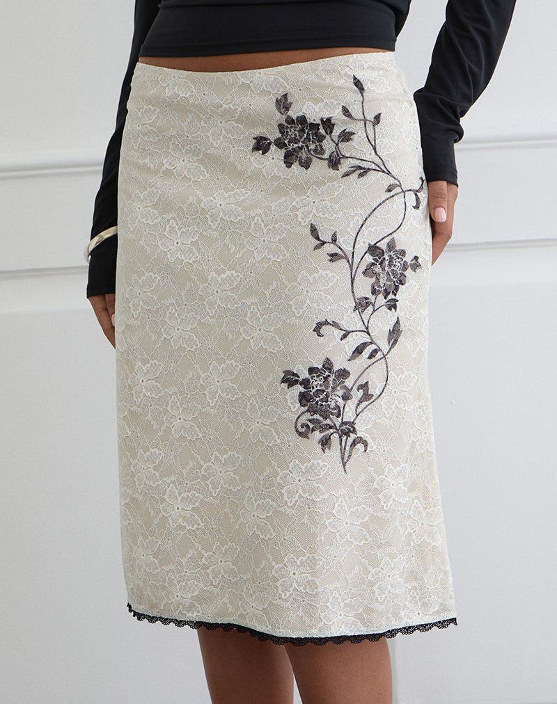 Laykha Midi Skirt in Ivory Lace with Black Vine Print
