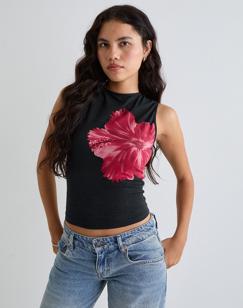 Image of Leen Top in Black Hibiscus Flower Pink