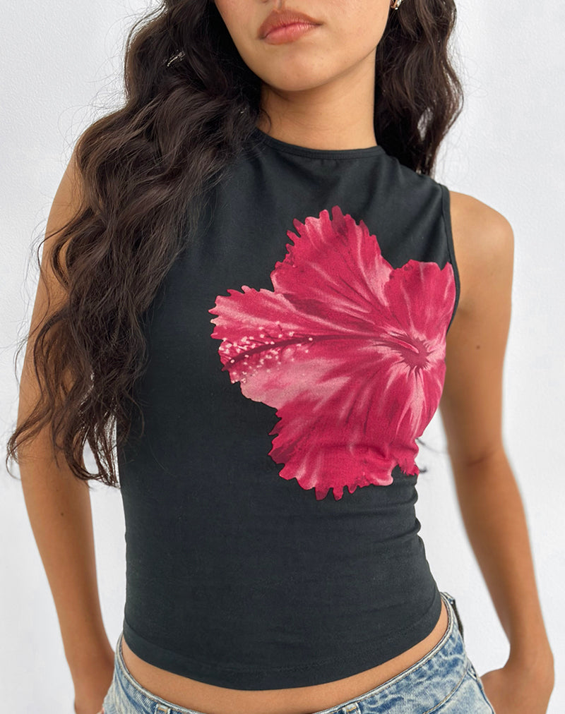 Image of Leen Top in Black Hibiscus Flower Pink