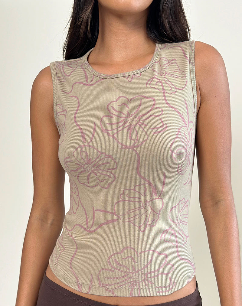 Image of Leen Tank Top in Khaki Hibiscus Doodle Pink