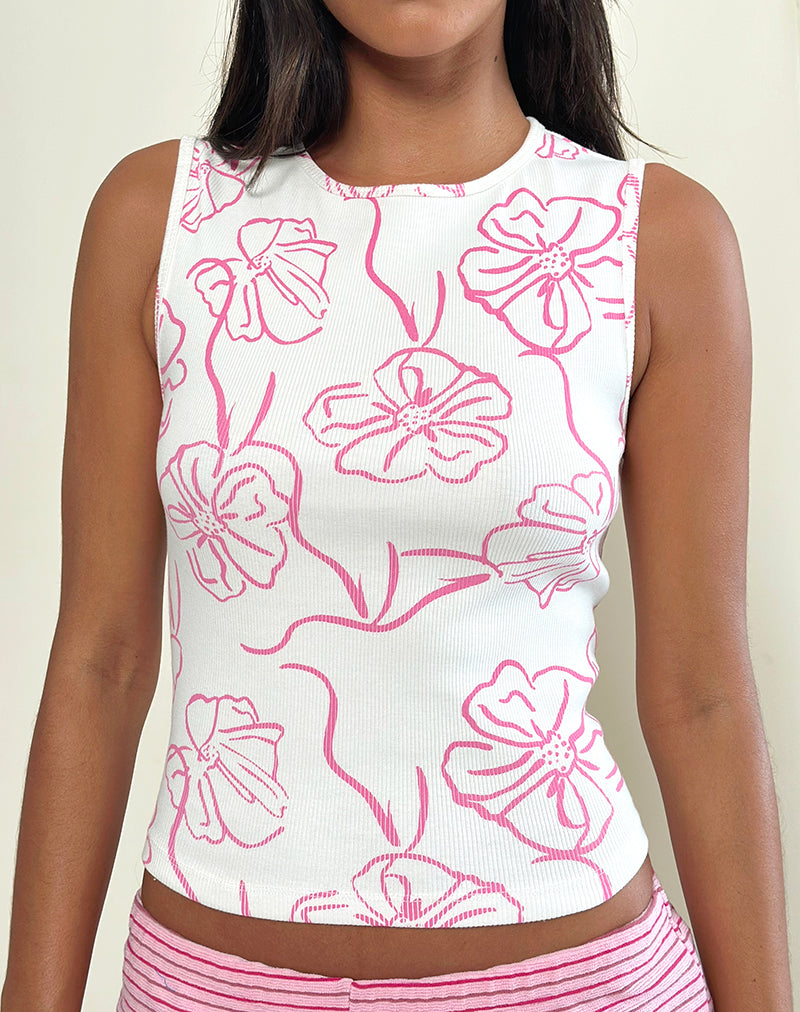 Image of Leen Tank Top in White with Pink Hibiscus Doodle Print