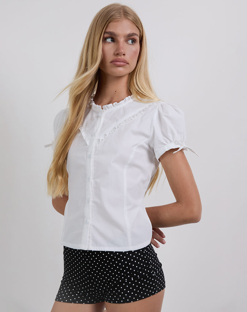 Image of Legra Frill Neck Shirt in Poplin White
