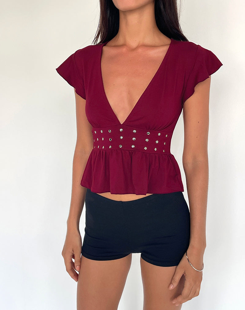 Image of Leisma Frill Top in Jersey Burgundy with Studs