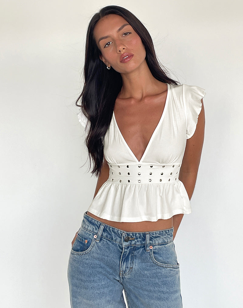 Image of Leisma Frill Top in Jersey White with Studs