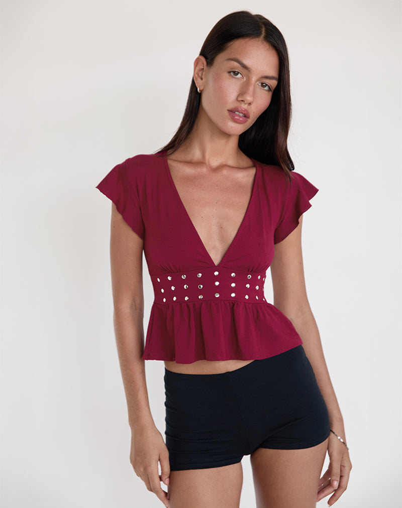 Image of Leisma Frill Top in Jersey Burgundy with Studs