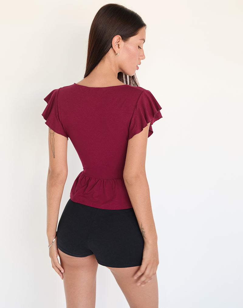 Image of Leisma Frill Top in Jersey Burgundy with Studs