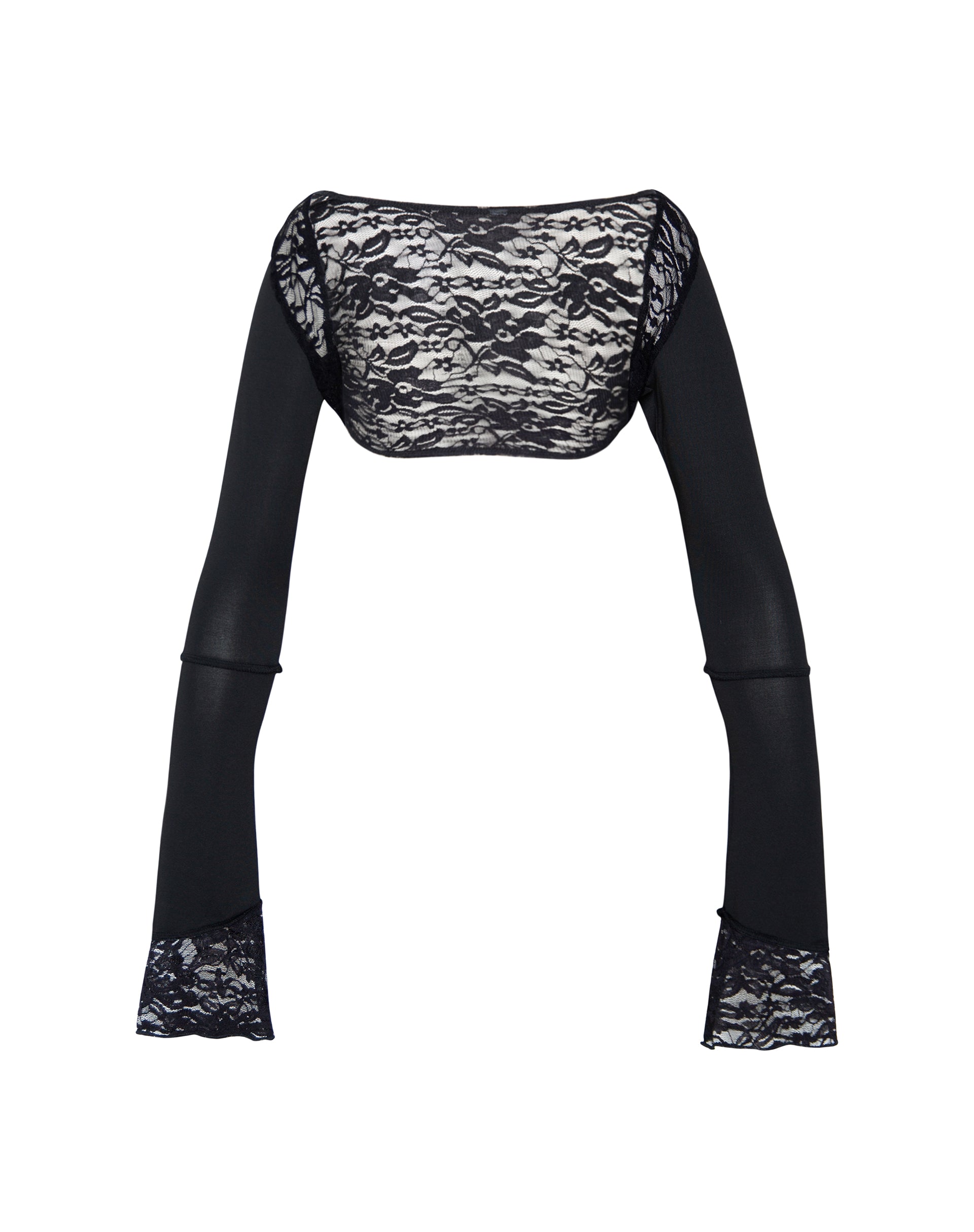 Image of Lenny Lace Shrug Top in Slinky Black with White Lace Trim