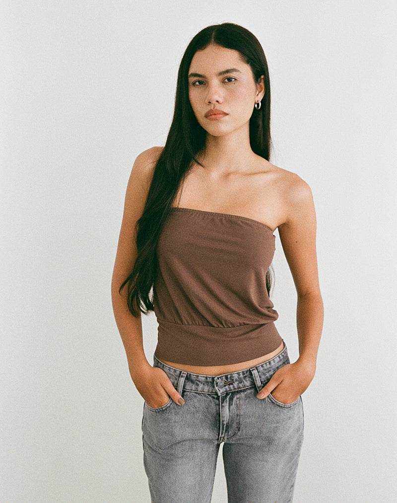 Image of Leocadia Bandeau Top in Cupro Bitter Chocolate