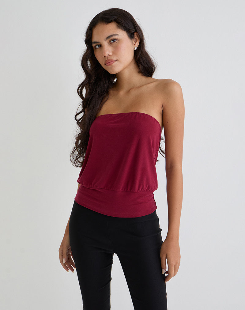 Image of Leocadia Bandeau Top in Cupro Dark Red