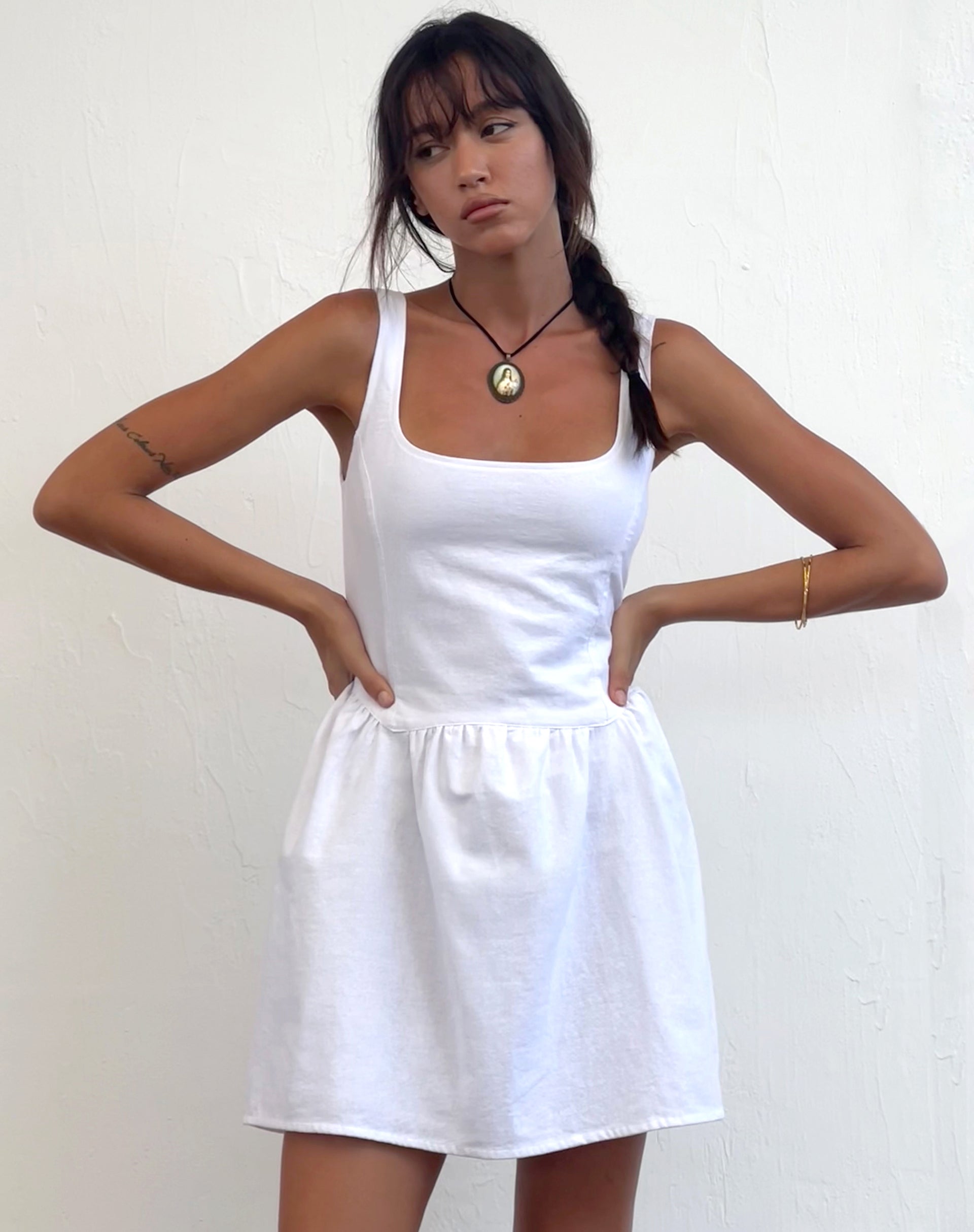 White mini store dress spaghetti straps