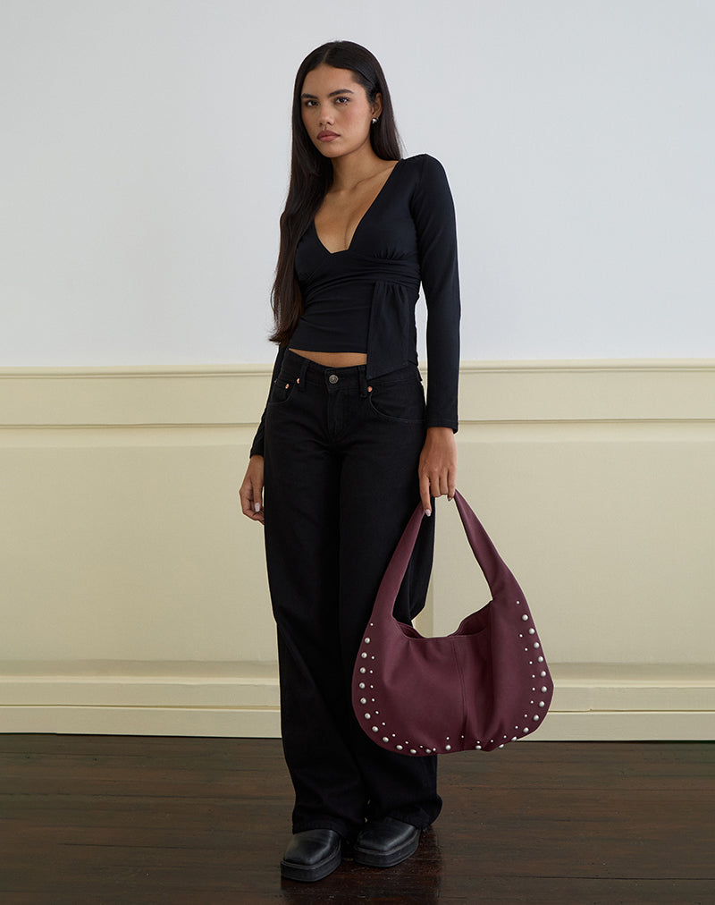 Image of Studded Slouch Bag in Burgundy