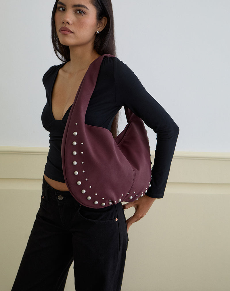 Image of Studded Slouch Bag in Burgundy