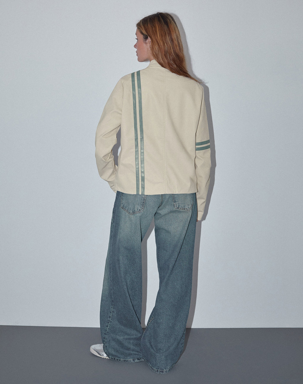 Lewis Jacket in Cream PU with Blue Stripe