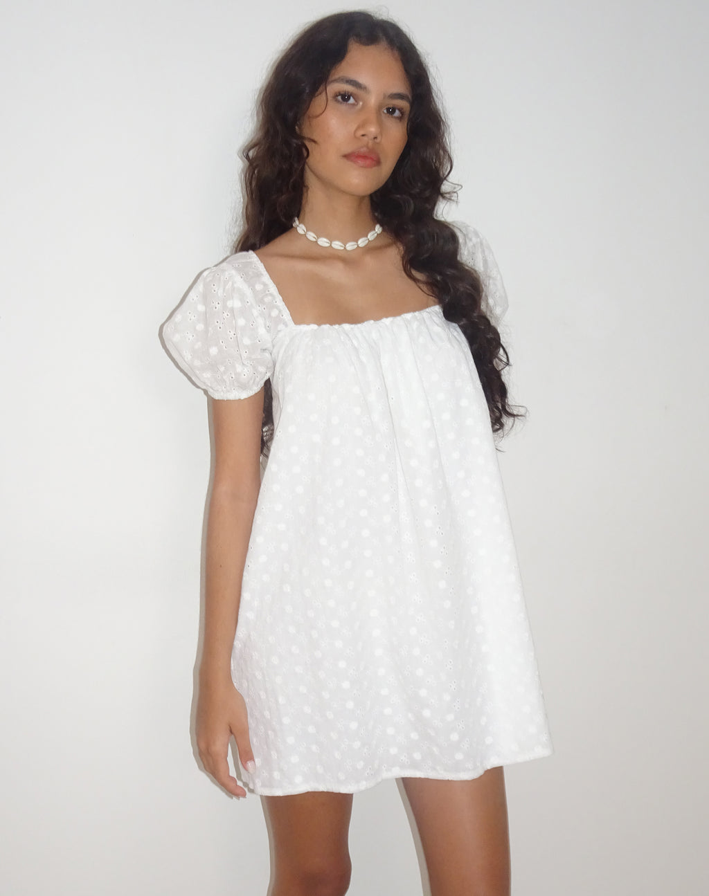 Leyona Broderie Mini Dress in White