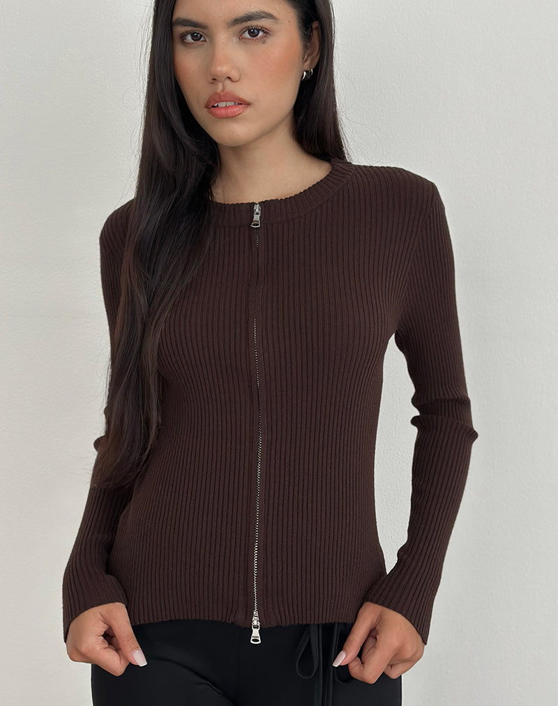 Image of Liano Zip Cardigan in Rib Knit Brown