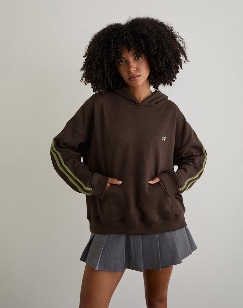 Image of Lingwu Hoodie in Bitter Chocolate with Green Binding and M Embroidery