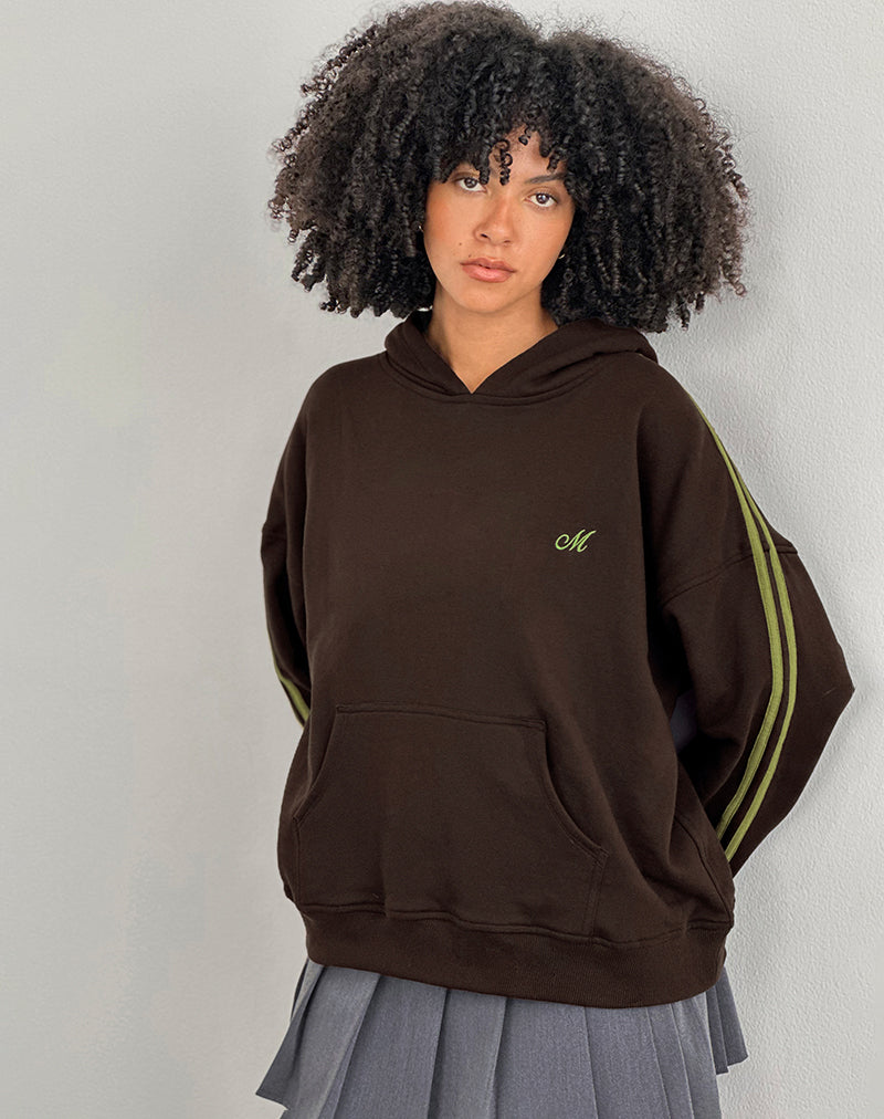Image of Lingwu Hoodie in Bitter Chocolate with Green Binding and M Embroidery