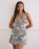 Image of Liri Halterneck Mini Dress in Blurred Floral Grey