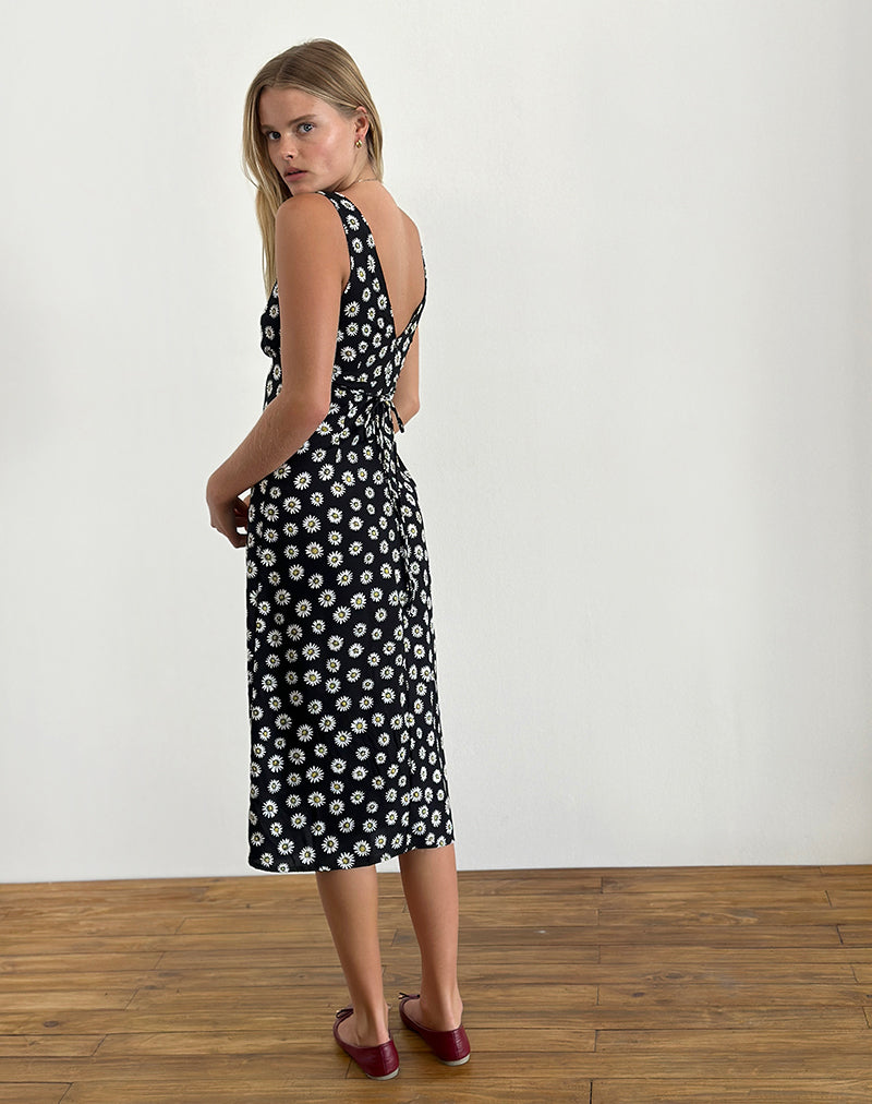 Black Floral Plunge V-neckline Thick Shoulder Straps Tight Fit Midi Dress