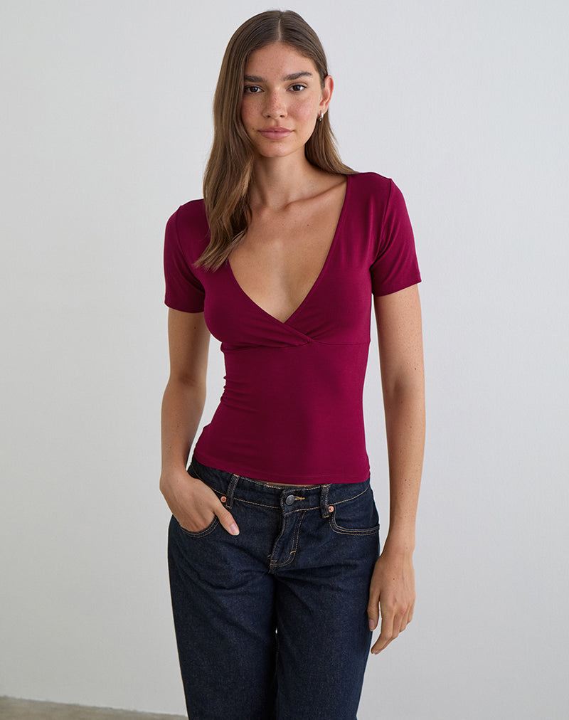 Image of Lobos Crossover Top in Rayon Jersey Burgundy
