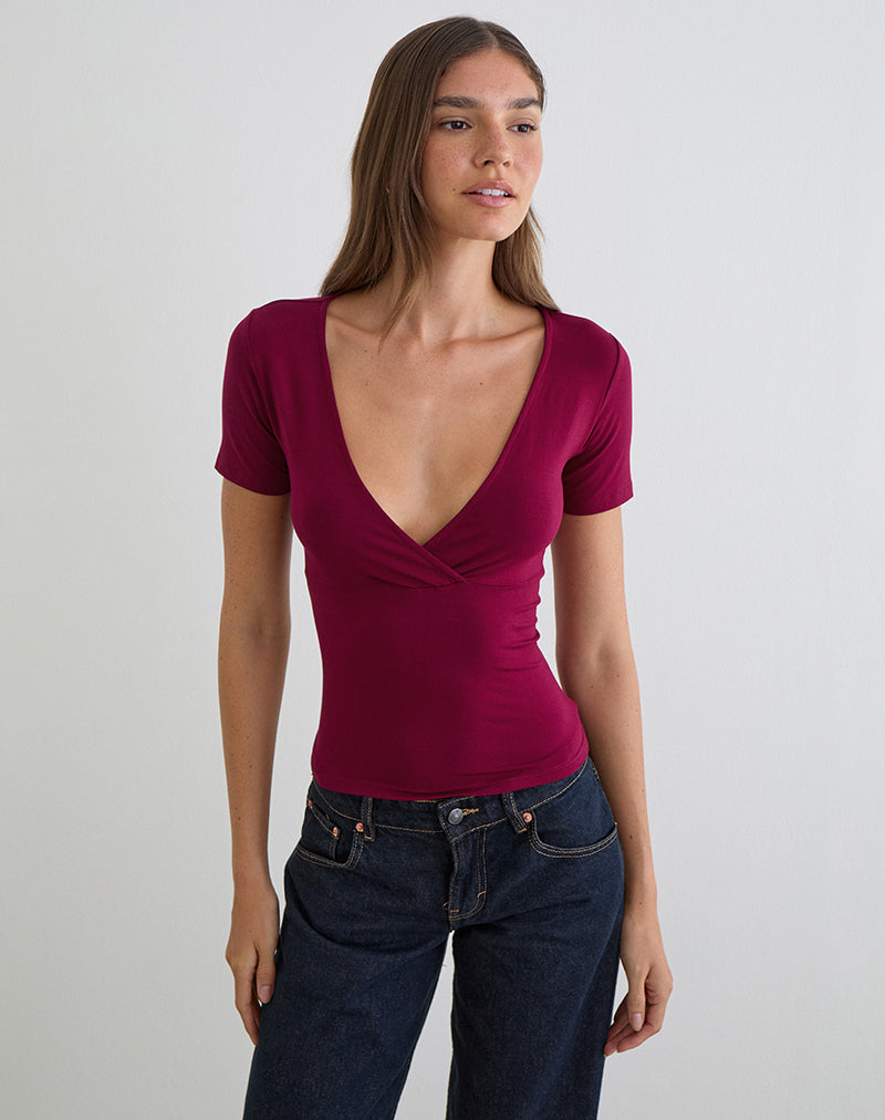 Image of Lobos Crossover Top in Rayon Jersey Burgundy